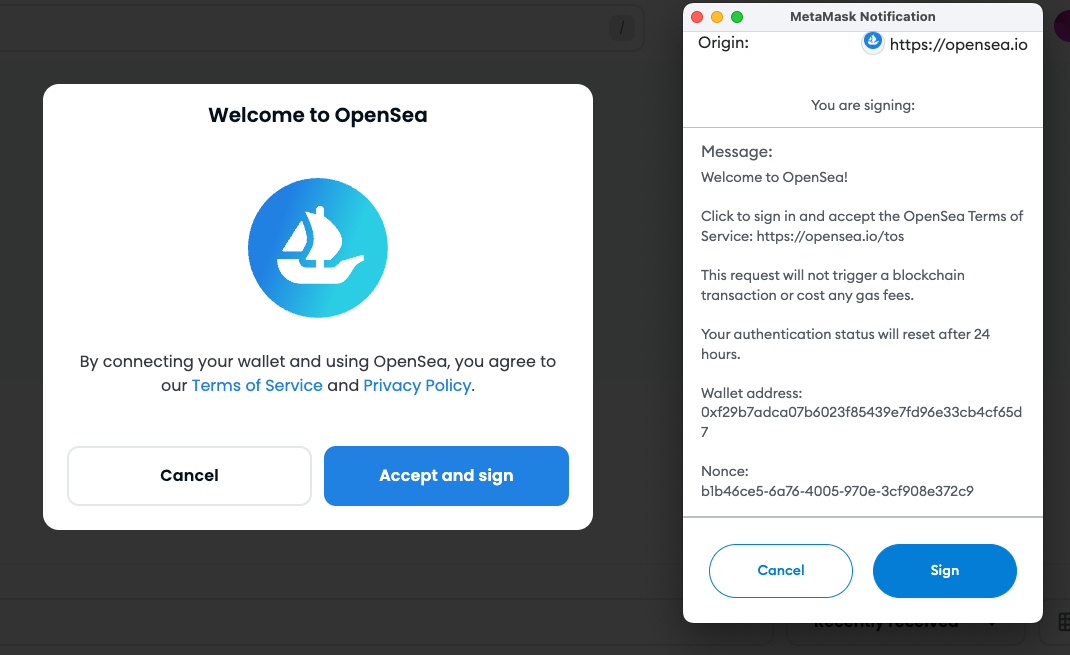 Example of message signing in the NFT marketplace OpenSea